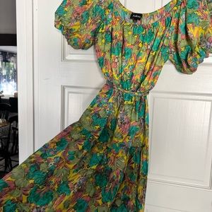 Fun, colorful, midi length, off the shoulder with tie waste from unique vintage